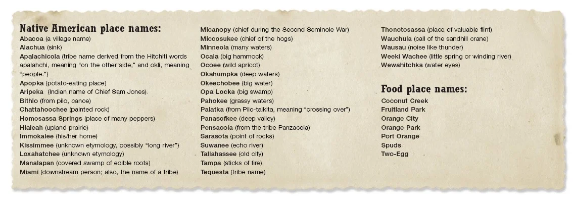 Vintage chart of Florida's Native American place names and their meanings